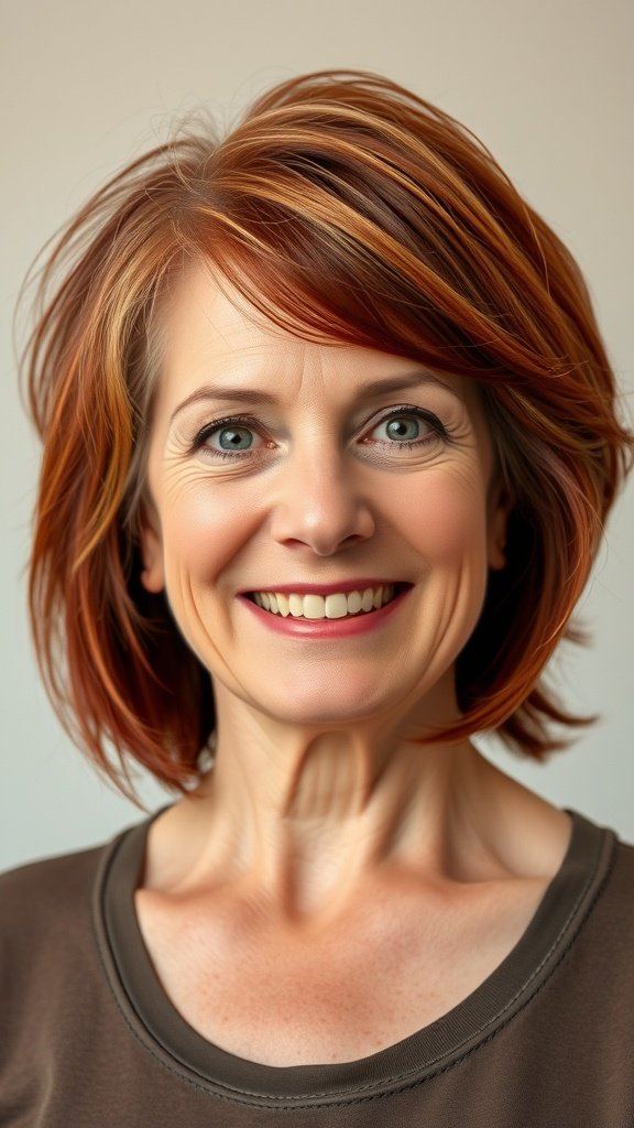 A woman with a choppy shag hairstyle and face-framing layers, smiling confidently.