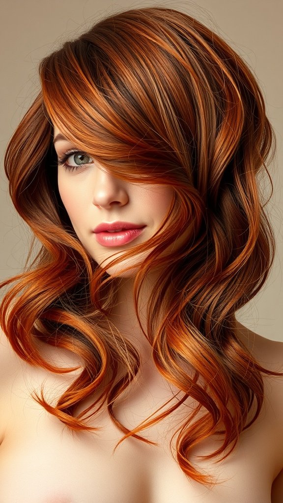 A woman with Cinnamon Spice Copper hair styled in soft waves, showcasing rich warm tones.