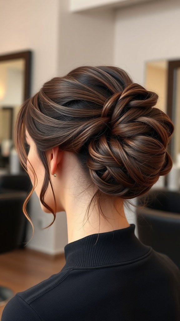 A woman with a classic chocolate brown chignon hairstyle, showcasing rich dark brown hair styled elegantly.