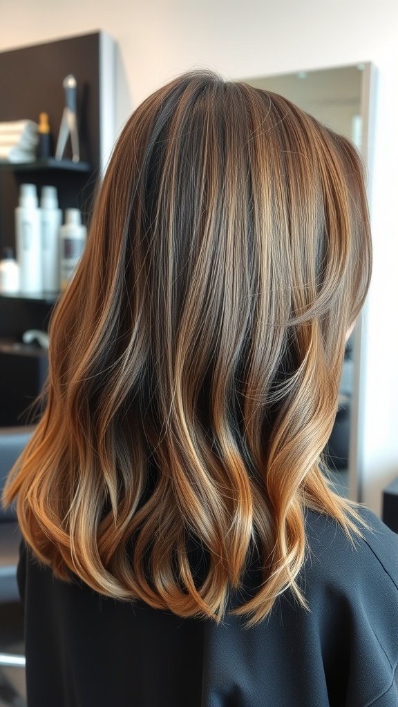 A classic lob haircut with subtle A-line and soft waves, showcasing warm hair tones.