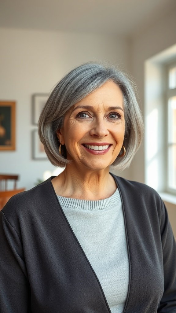 A woman over 70 with a classic straight bob hairstyle featuring silver streaks, smiling confidently.