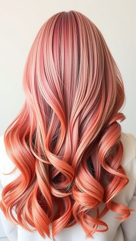 A beautiful hairstyle featuring a coral pink to soft peach ombre fade with soft waves.
