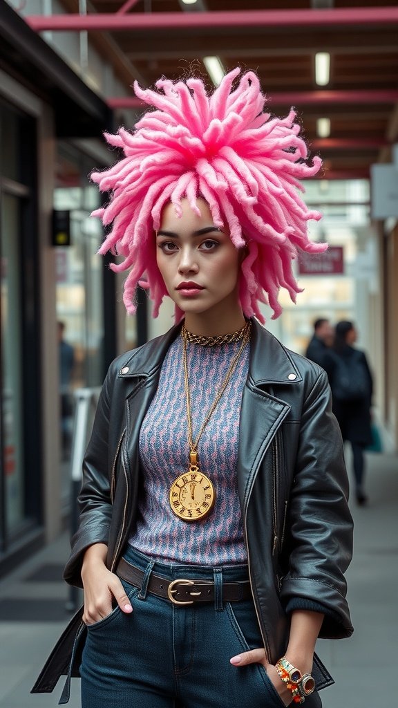 A person with fluffy pink coils styled like cotton candy, wearing a leather jacket and accessories.