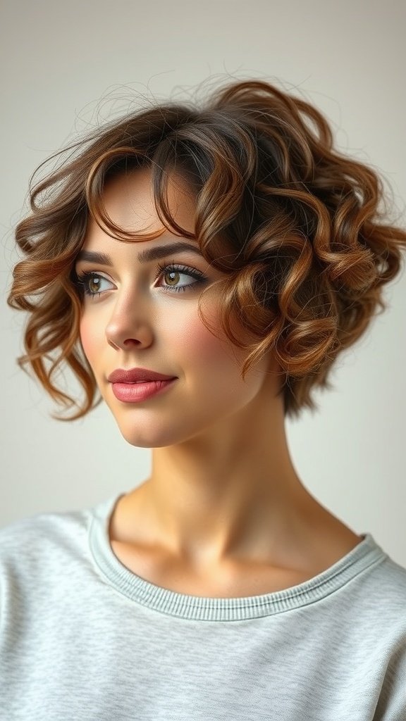 A woman with a curly bob hairstyle featuring razor-cut ends, showcasing soft curls and a fresh look.