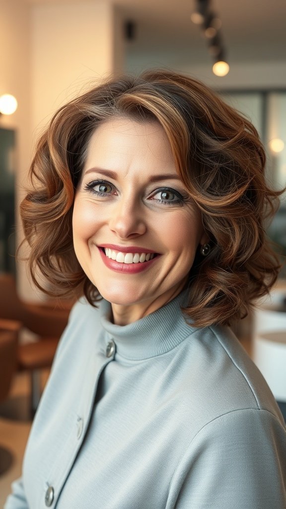 A woman with a curly bob hairstyle featuring subtle layers, smiling confidently.