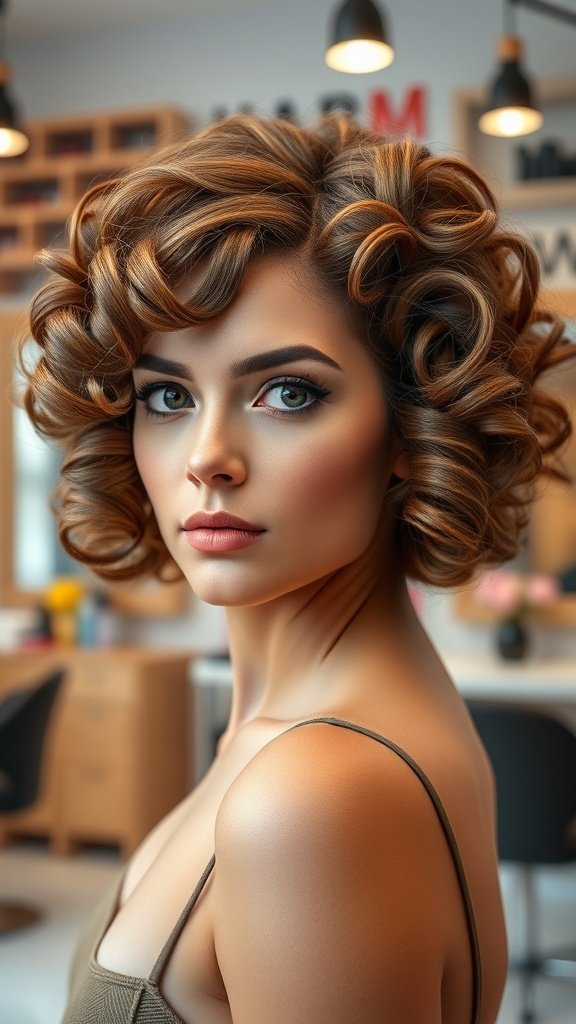A woman with a curly bubble bob hairstyle featuring caramel swirls, looking stylish and confident.