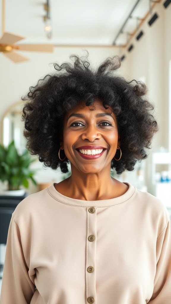 A woman with curly hair smiling confidently, showcasing natural volume and minimal layers.