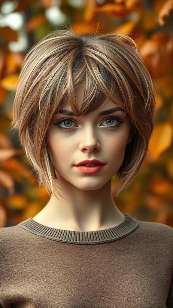 A woman with a pixie cut featuring curtain bangs, showcasing a stylish and playful hairstyle.