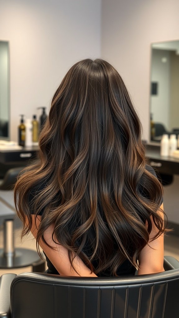 Back view of a woman with dark brown hair featuring ash balayage, styled in loose waves
