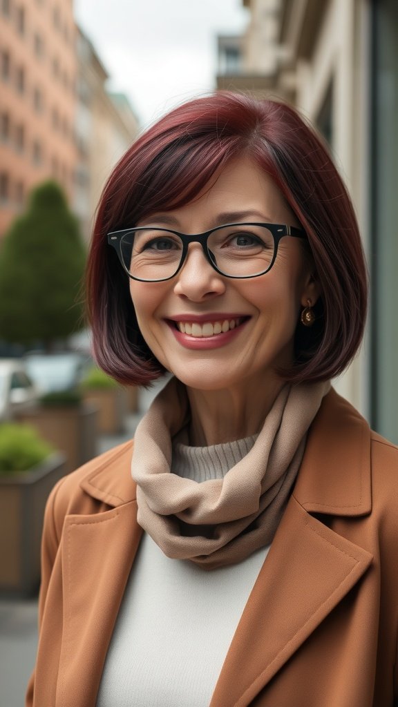 A woman with a deep burgundy chin-length bob hairstyle, wearing glasses and a stylish outfit, smiling outdoors.