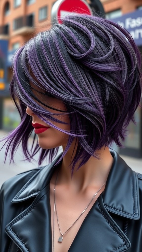 A woman with a deep purple shag haircut and glossy waves, wearing a black leather jacket.