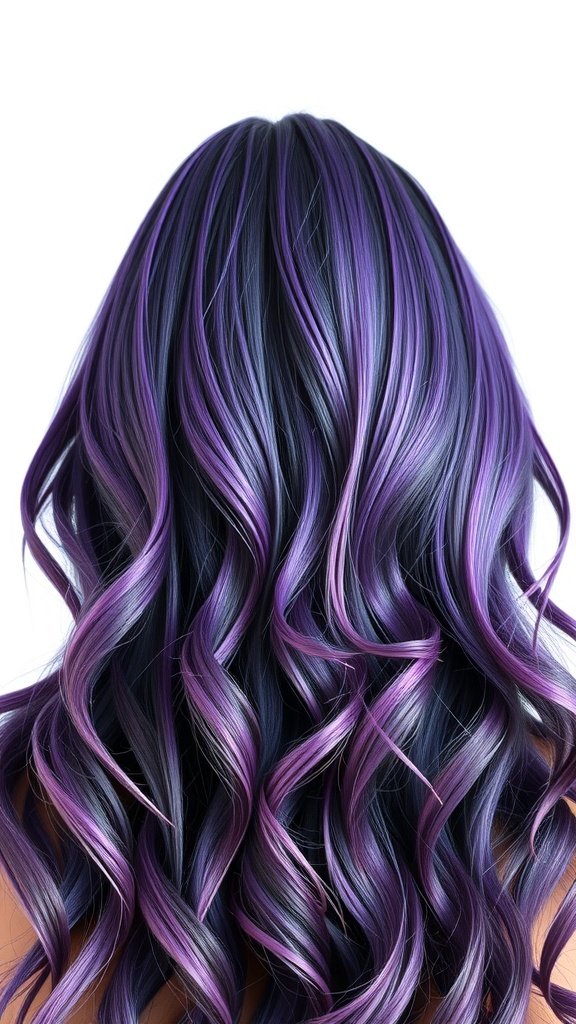 Back view of hair styled in deep purple with soft pastel purple highlights, showcasing curls