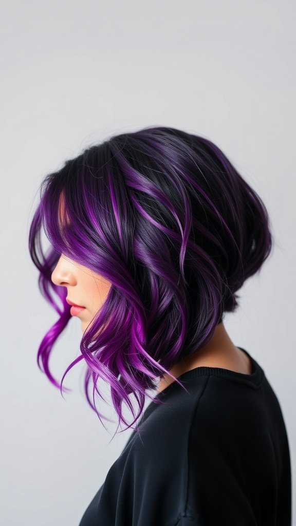 A woman with electric purple highlights in her hair, styled in soft waves.
