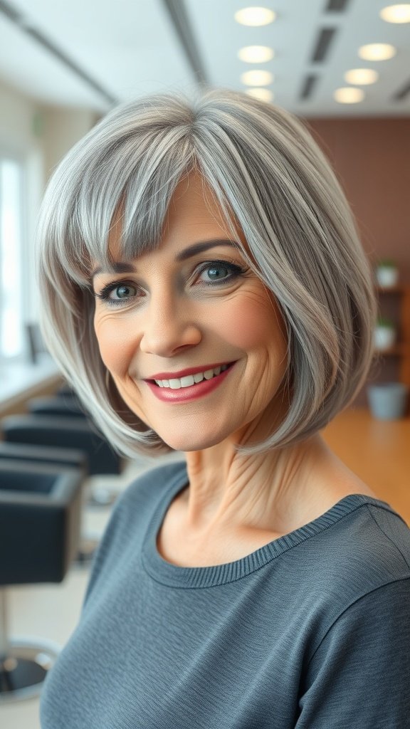 A woman with a stylish gray bob hairstyle featuring side bangs and subtle layers, smiling in a modern salon.