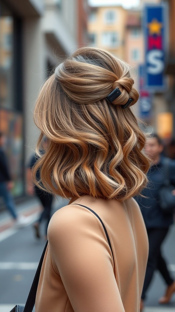 A woman with chin-length hair styled in a half-up, half-down hairstyle, featuring soft curls and a sleek clip.