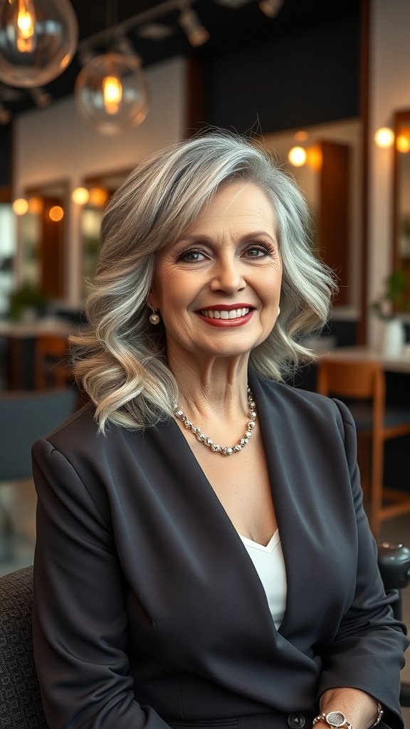A woman with soft waves styled in a half-up, half-down hairstyle, wearing a stylish outfit and smiling.