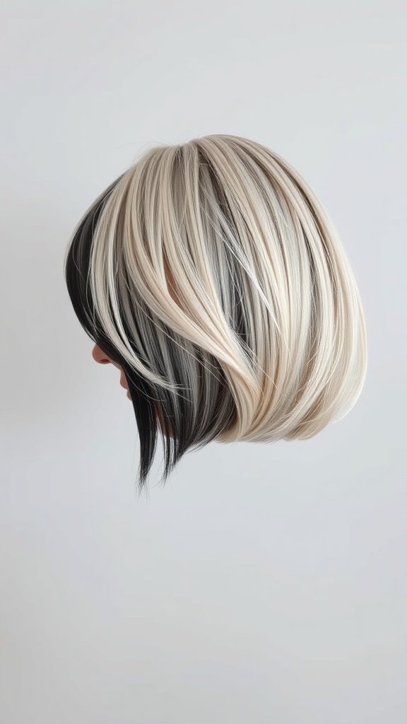 Icy blonde bob hairstyle with dark root accents