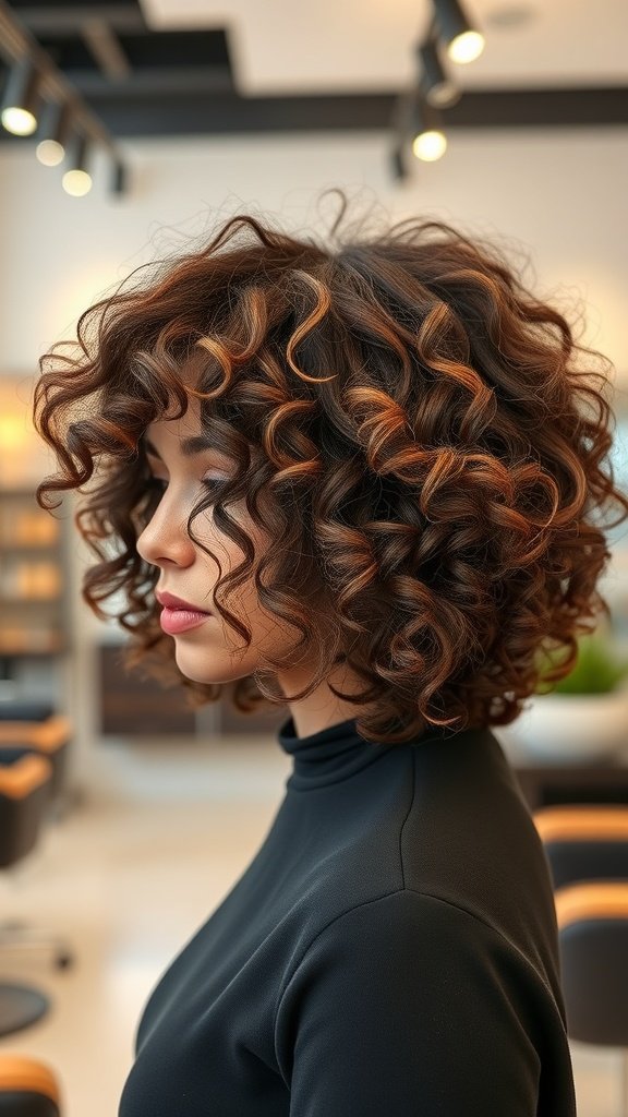 A woman with a layered frizz-free curly bob hairstyle, showcasing soft, bouncy curls.