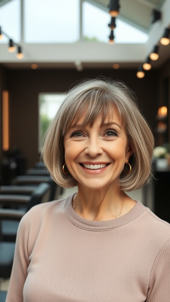 A woman with a lob haircut and curtain bangs, smiling in a salon setting.