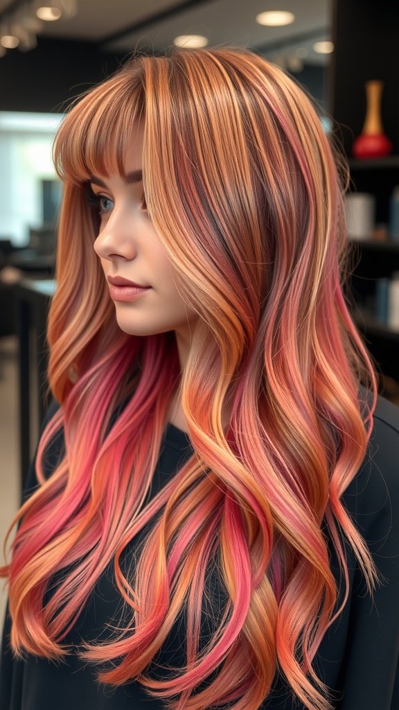 A woman with long layered hair featuring an undercut and fringe, showcasing vibrant colors and soft waves.