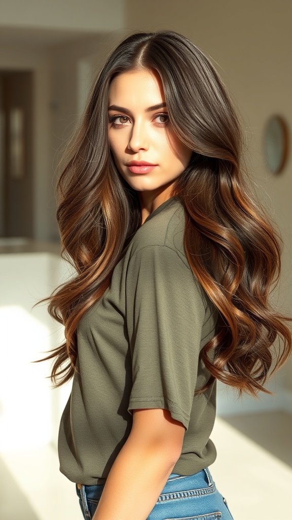 A woman with long wavy hair styled with deep side layers, showcasing a beautiful shine and texture.