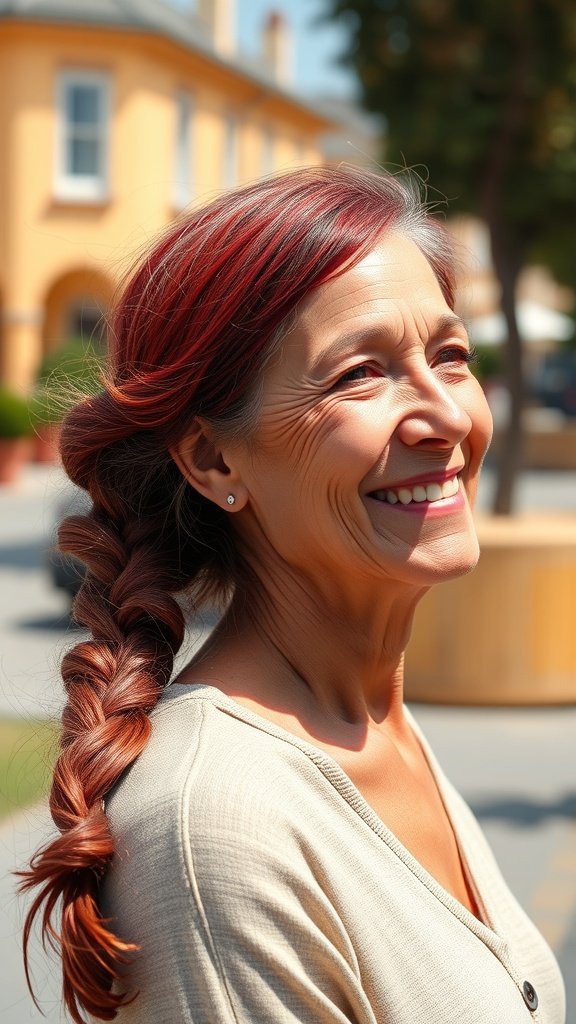 A woman with a loose fishtail braid, smiling outdoors, showcasing a youthful hairstyle.