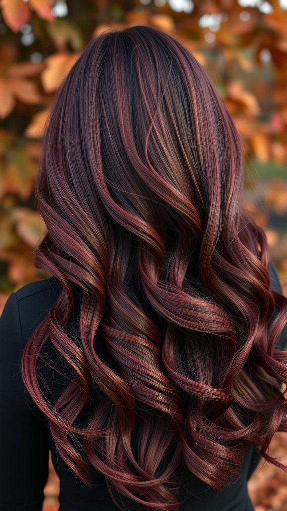 A hairstyle featuring a mahogany and burgundy fusion with soft waves.