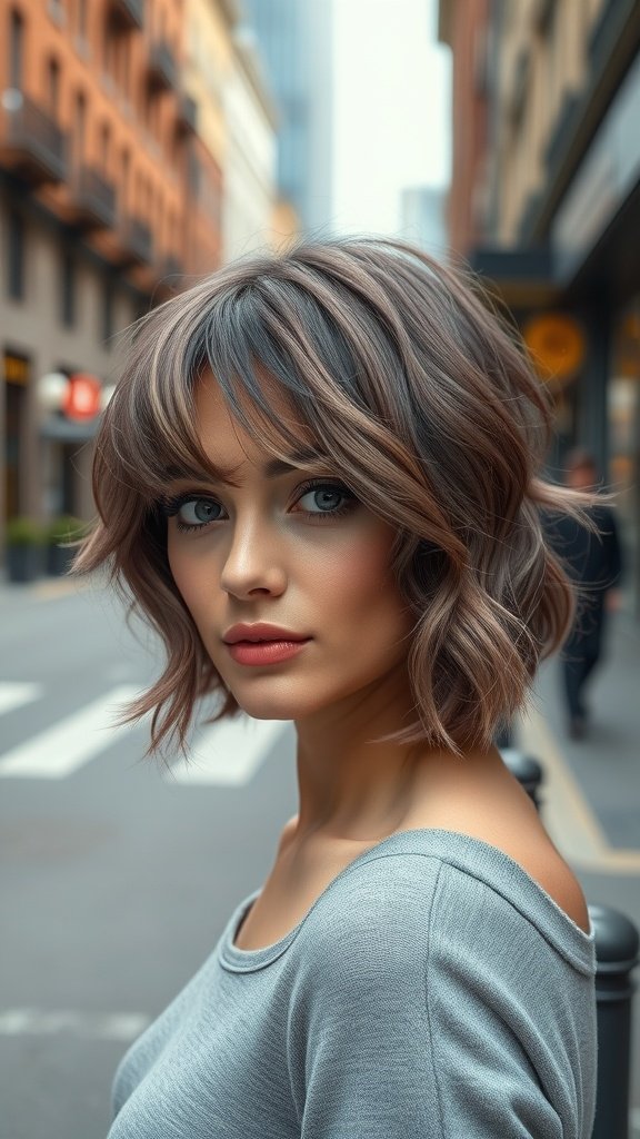 Mauve wavy bob hairstyle with side-swept bangs
