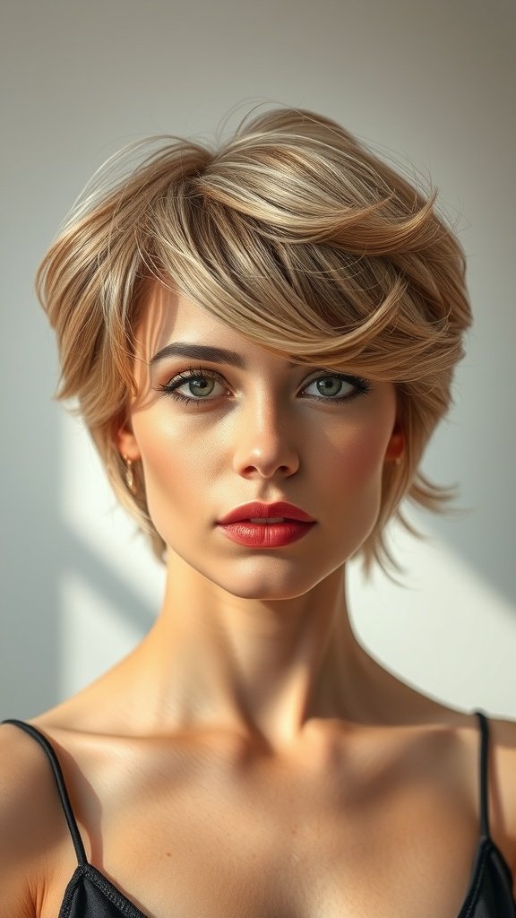 A woman with a medium cut hairstyle featuring flipped ends, showcasing a soft and stylish look.