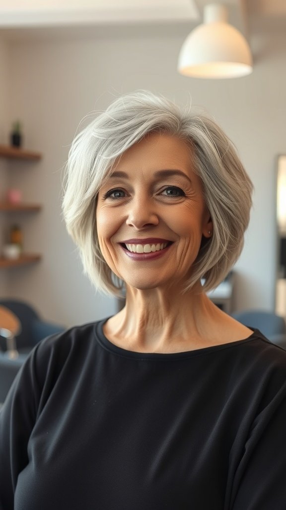 A woman with a messy-textured bob hairstyle, smiling in a modern setting.