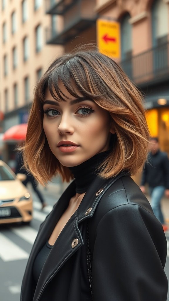 A woman with a micro bob hairstyle featuring micro bangs and soft waves, posing in an urban setting.