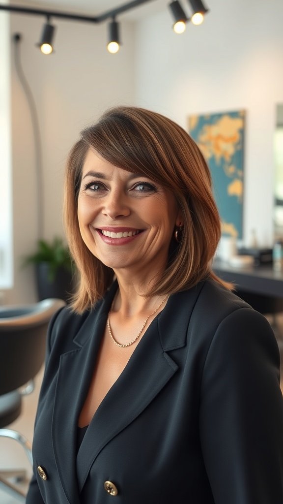 A woman with mid-length sleek hair and side bangs, smiling confidently in a stylish outfit.