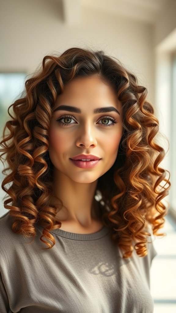 A woman with beautiful middle-parted spiral curls, showcasing a vibrant hairstyle.