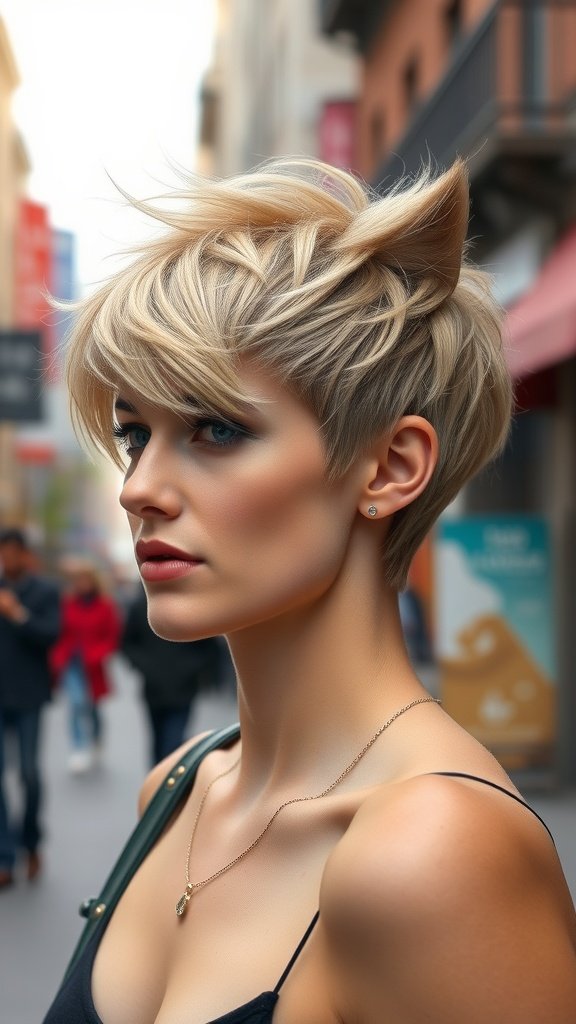 A woman with a piecey wolf cut hairstyle, showcasing textured layers and a stylish look.