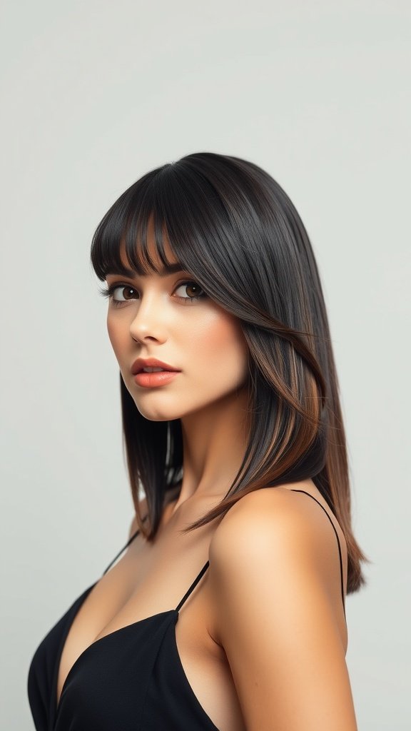 A woman with pin-straight hair styled with side flicks, showcasing a sleek and modern look.