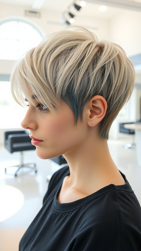 A woman with a pixie cut featuring blonde hair and midnight blue lowlights, showcasing a modern hairstyle.