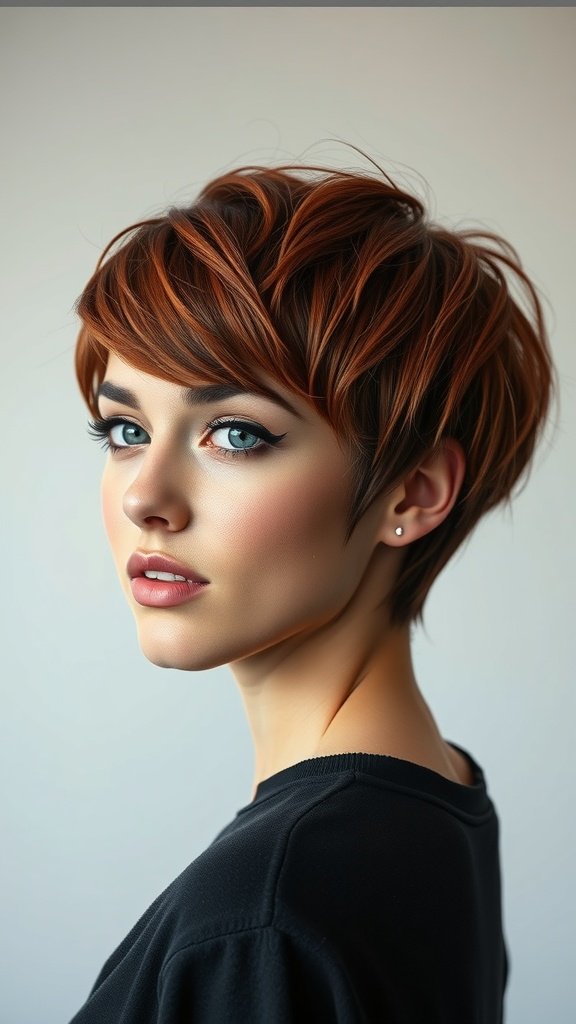 A young woman with a pixie haircut featuring razor cut bangs and layers, showcasing a warm hair color and striking blue eyes.