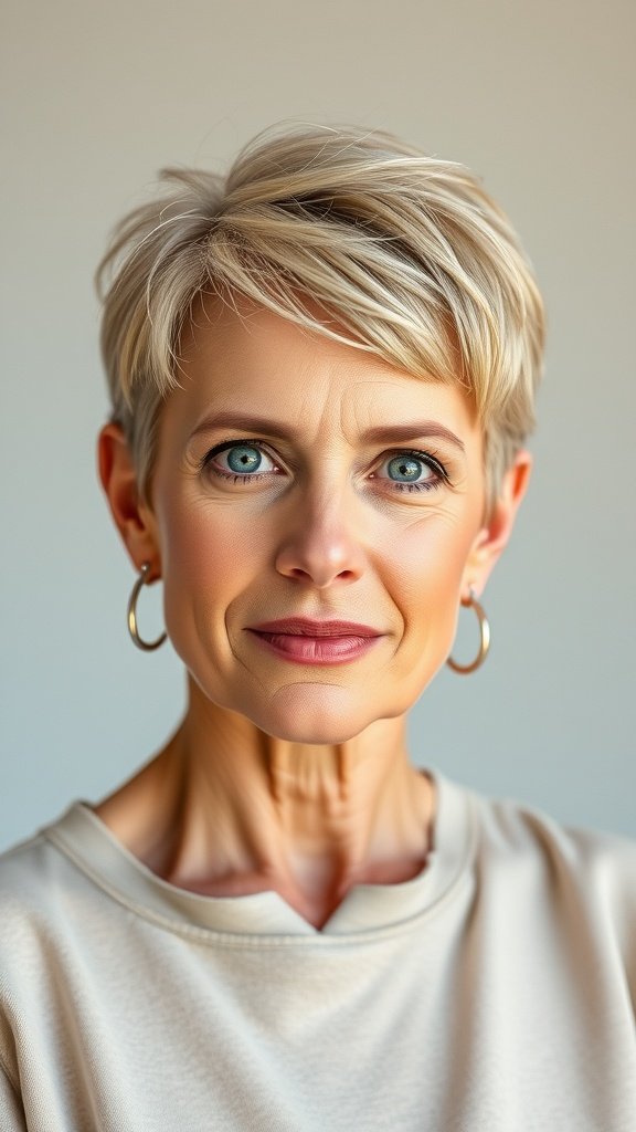 A woman with a chic pixie haircut featuring a subtle undercut and bright highlights, showcasing confidence and style.