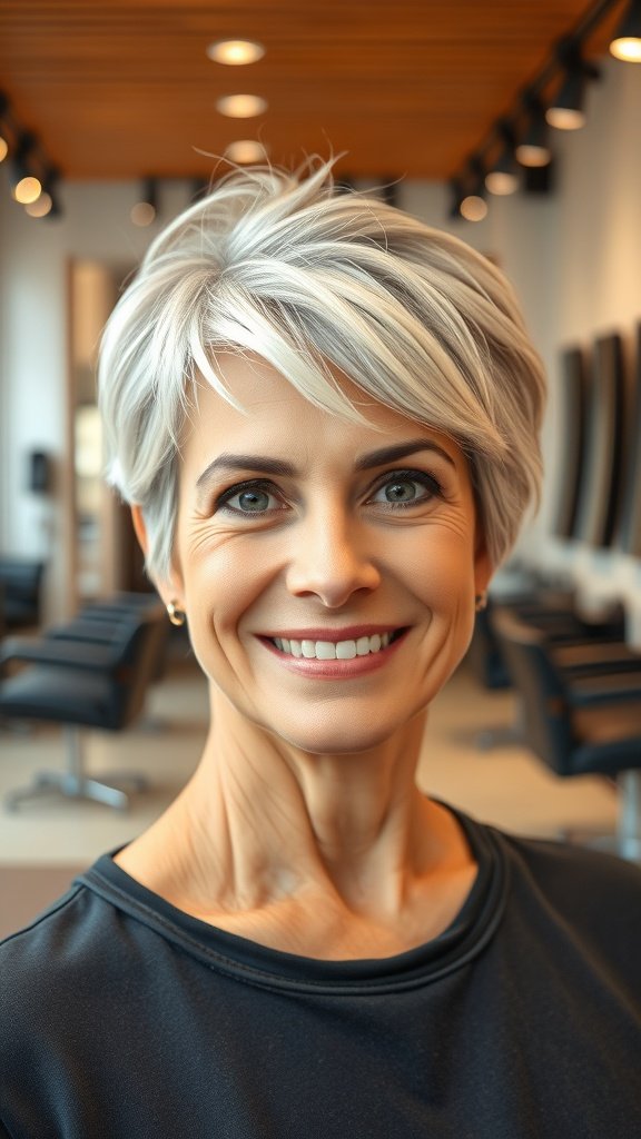 A smiling older woman with a textured pixie haircut in a salon setting.