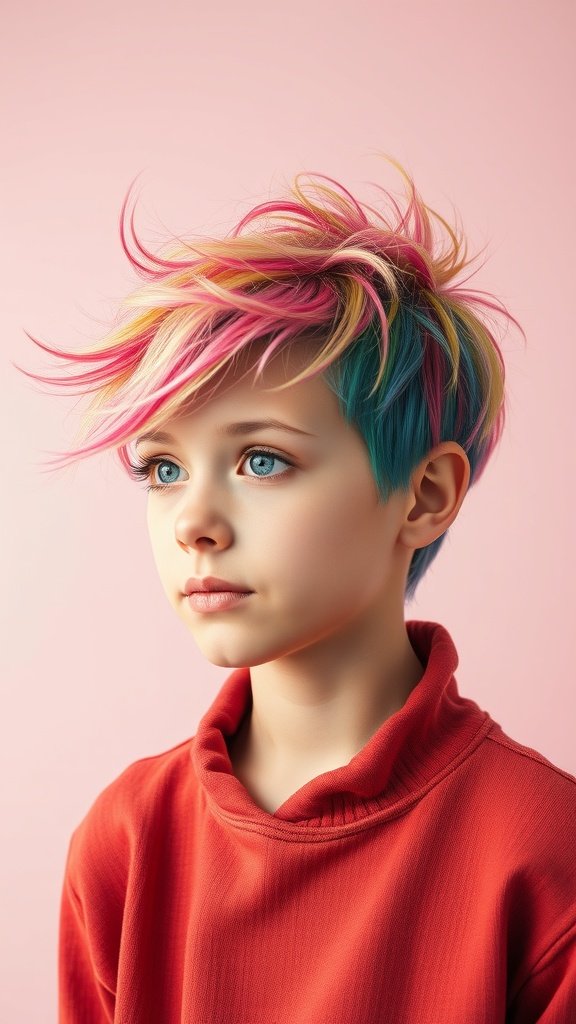 A child with a playful pixie hairstyle featuring a spiky top and vibrant colors against a pink background.