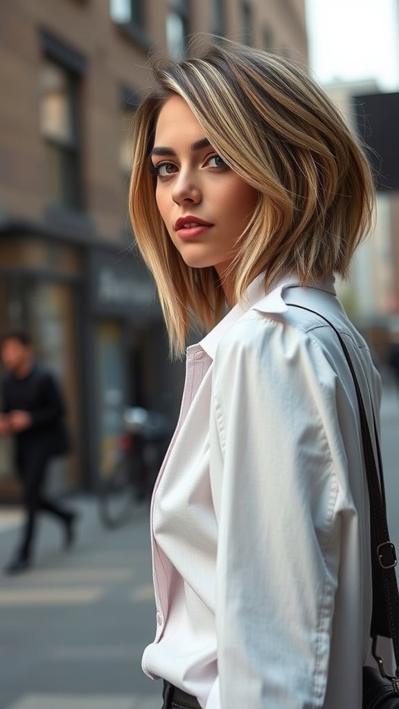 A woman with a razored lob hairstyle featuring chunky highlights, standing on a city street.