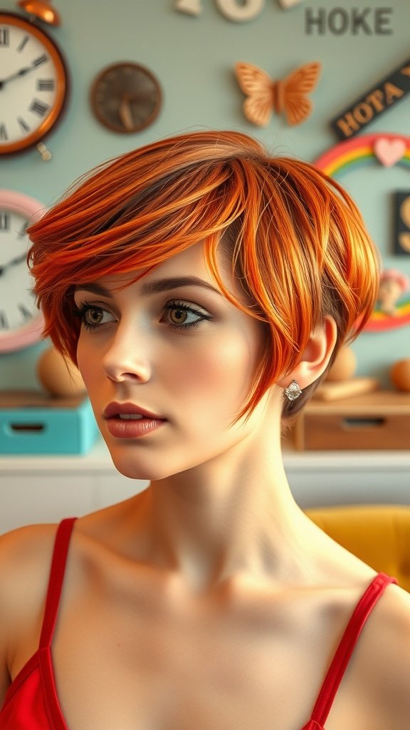 A woman with a retro-inspired pixie haircut featuring slick waves and vibrant color.