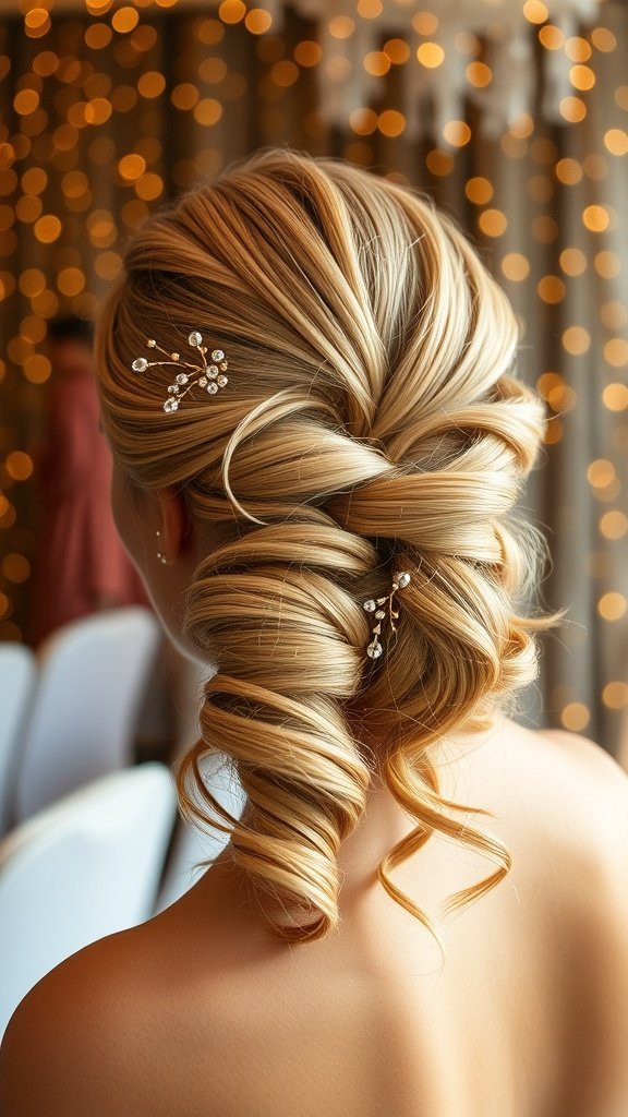 A beautiful reverse French twist hairstyle adorned with hair accessories, showcasing elegance and sophistication.