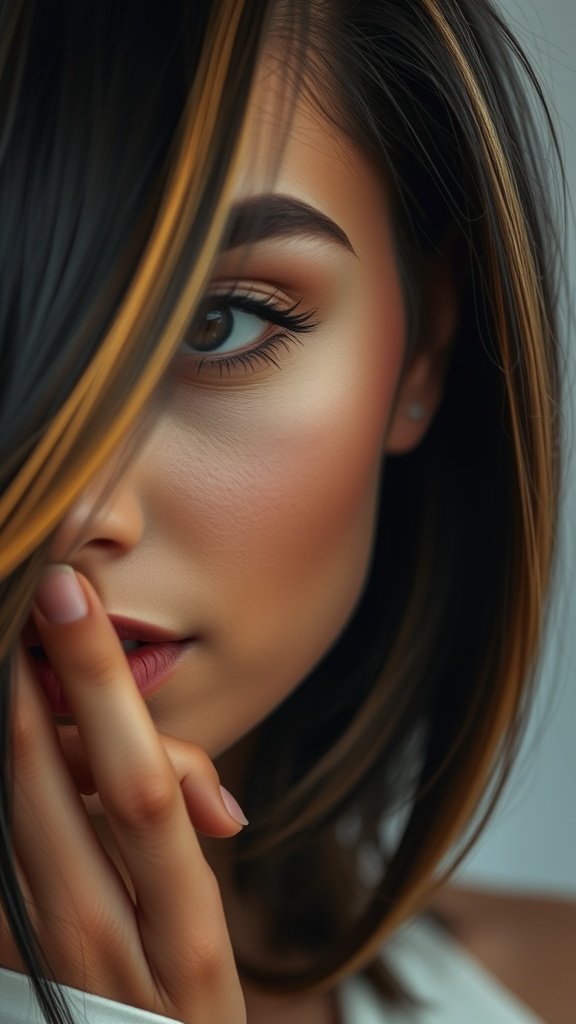 Close-up of a woman with rich ebony hair featuring amber blonde streaks, showcasing a stylish look.