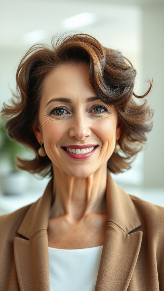 A woman with rich mahogany hair styled in soft end curls, smiling confidently.