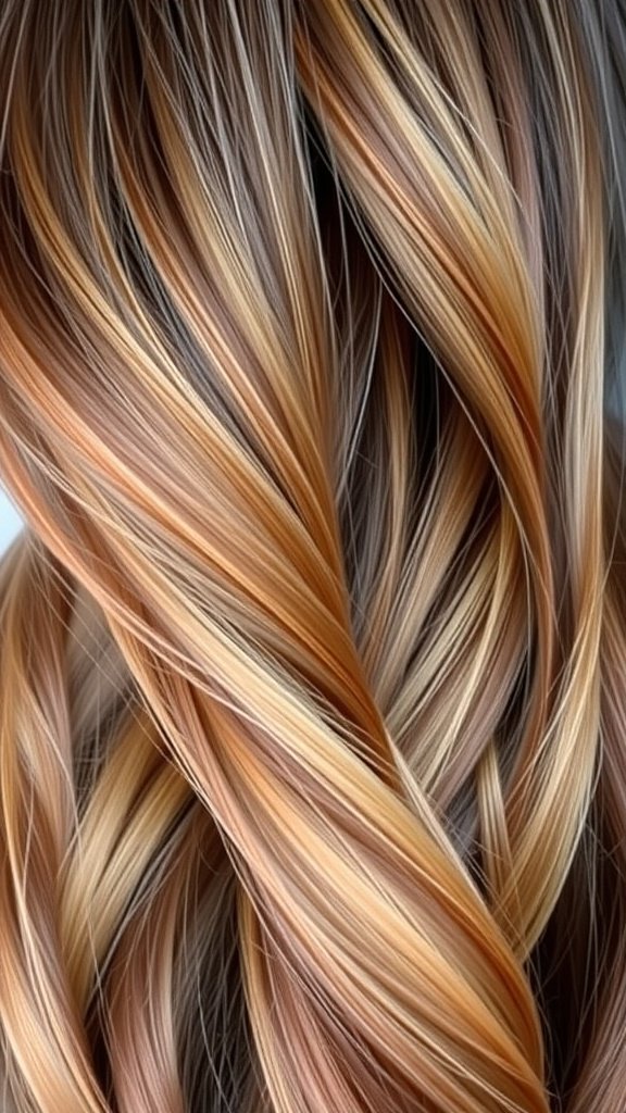 A close-up of hair featuring rustic brown with caramel ombre highlights, showcasing a blend of warm tones.
