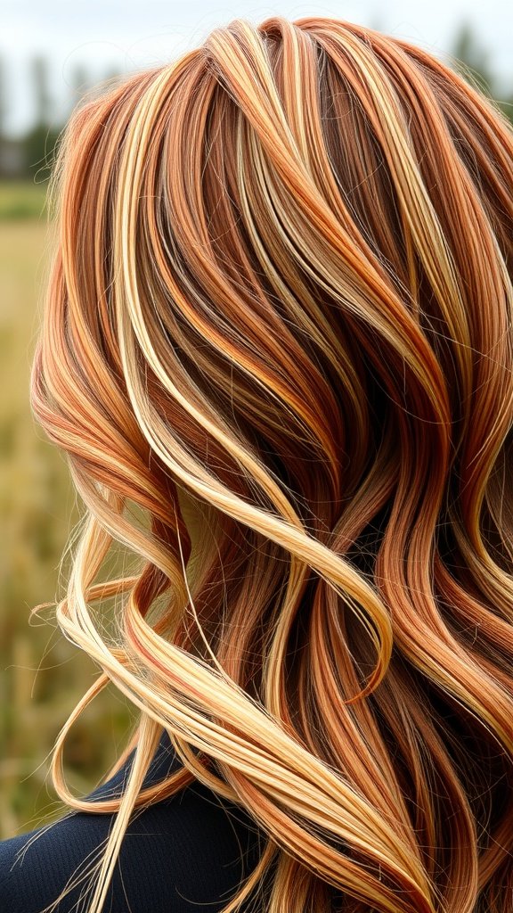 A close-up view of hair styled in rustic red with blonde streaks, featuring soft waves.