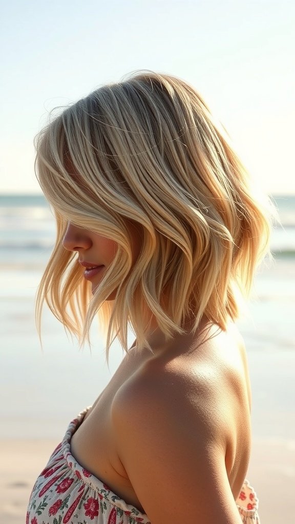 A sandy blonde bob hairstyle with beach waves, showcasing a relaxed summer look.