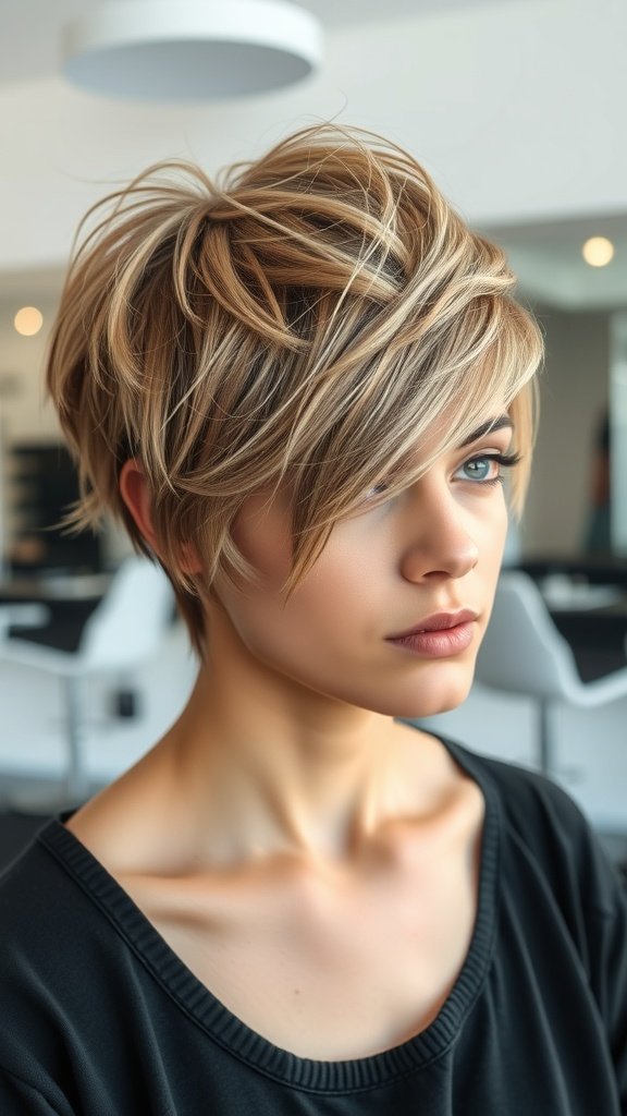 A woman with a sassy layered pixie haircut featuring subtle highlights, looking stylish and confident.