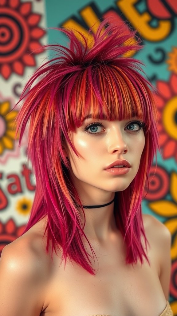 A young woman with a shaggy mullet hairstyle featuring feathered bangs, showcasing vibrant pink and orange colors.